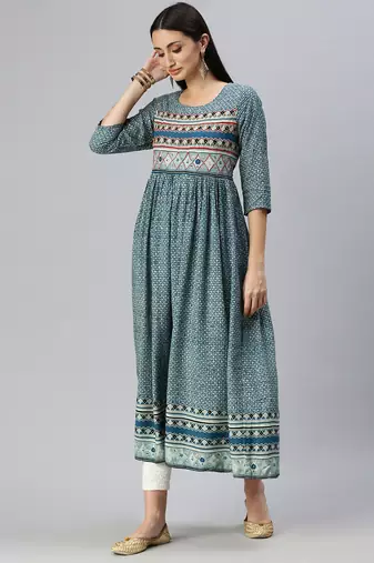 women's ankle length round neck blue ethnic motifs anarkali kurta