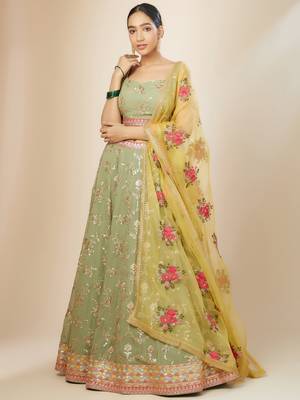 pista green sequins georgette lehenga set choli with dupatta with dupatta 1