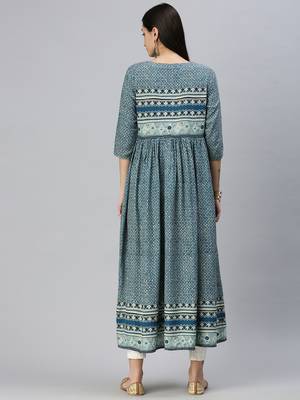 women's ankle length round neck blue ethnic motifs anarkali kurta 4