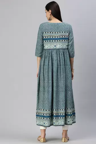 women's ankle length round neck blue ethnic motifs anarkali kurta