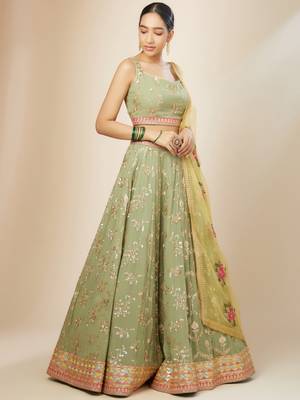 pista green sequins georgette lehenga set choli with dupatta with dupatta 2