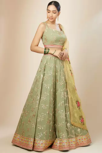pista green sequins georgette lehenga set choli with dupatta with dupatta