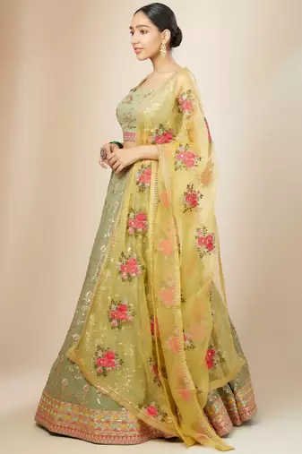 pista green sequins georgette lehenga set choli with dupatta with dupatta