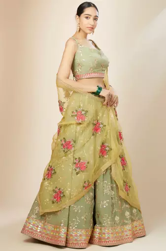 pista green sequins georgette lehenga set choli with dupatta with dupatta