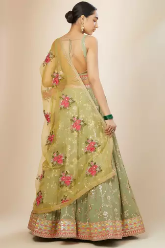 pista green sequins georgette lehenga set choli with dupatta with dupatta