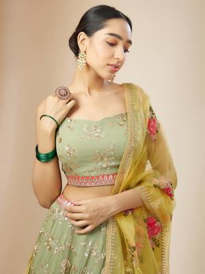 pista green sequins georgette lehenga set choli with dupatta with dupatta 6