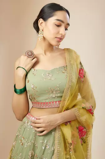 pista green sequins georgette lehenga set choli with dupatta with dupatta