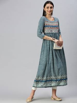 women's ankle length round neck blue ethnic motifs anarkali kurta 5