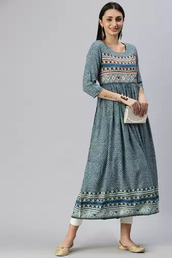 women's ankle length round neck blue ethnic motifs anarkali kurta