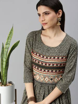 women's ankle length round neck olive ethnic motifs anarkali kurta 1