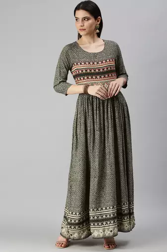 women's ankle length round neck olive ethnic motifs anarkali kurta