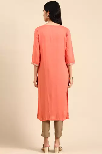 Showoff women's calf length round neck peach solid straight kurta