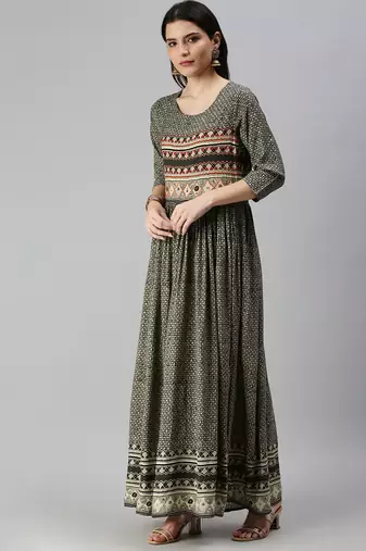 women's ankle length round neck olive ethnic motifs anarkali kurta