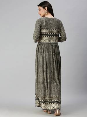 women's ankle length round neck olive ethnic motifs anarkali kurta 4