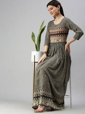 women's ankle length round neck olive ethnic motifs anarkali kurta 5