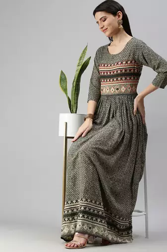 women's ankle length round neck olive ethnic motifs anarkali kurta