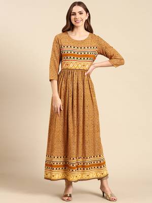 women's calf length scoop neck mustard geometric anarkali kurta 1