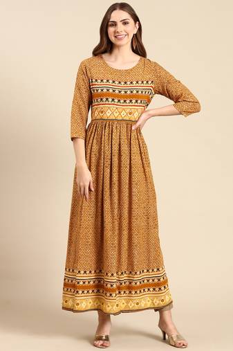 women's calf length scoop neck mustard geometric anarkali kurta