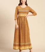 women's calf length scoop neck mustard geometric anarkali kurta