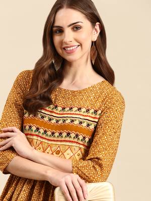 women's calf length scoop neck mustard geometric anarkali kurta 2