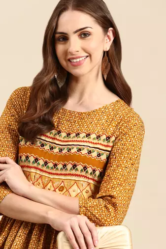 women's calf length scoop neck mustard geometric anarkali kurta