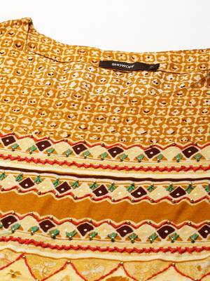 women's calf length scoop neck mustard geometric anarkali kurta 3