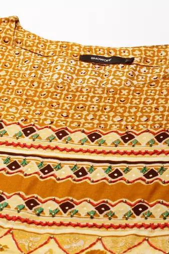 women's calf length scoop neck mustard geometric anarkali kurta