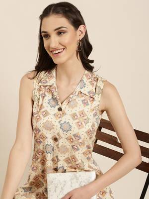 women's calf length shirt collar cream geometric a-line kurta 1