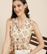 women's calf length shirt collar cream geometric a-line kurta