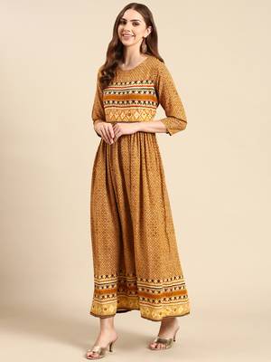 women's calf length scoop neck mustard geometric anarkali kurta 4