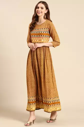 women's calf length scoop neck mustard geometric anarkali kurta