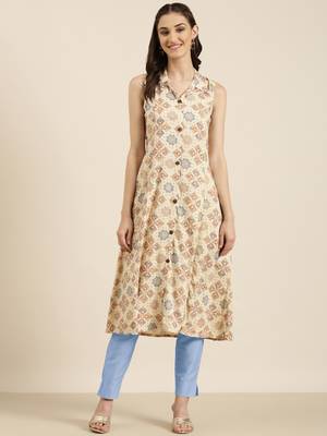 women's calf length shirt collar cream geometric a-line kurta 2