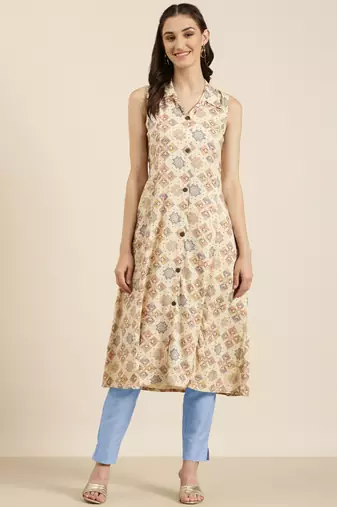 women's calf length shirt collar cream geometric a-line kurta