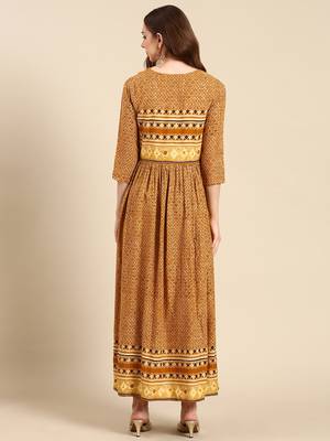 women's calf length scoop neck mustard geometric anarkali kurta 5