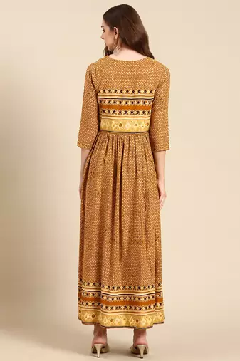 women's calf length scoop neck mustard geometric anarkali kurta