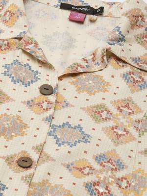 women's calf length shirt collar cream geometric a-line kurta 3