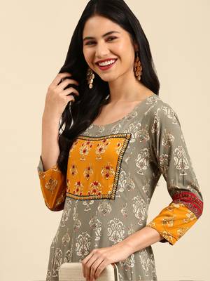 women's ankle length round neck grey ethnic motifs anarkali kurta 1