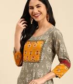 women's ankle length round neck grey ethnic motifs anarkali kurta