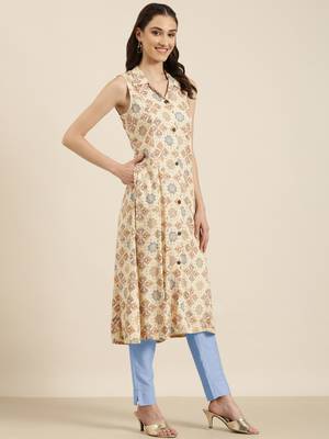 women's calf length shirt collar cream geometric a-line kurta 4