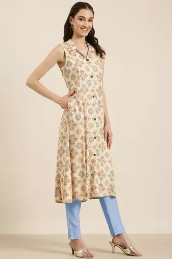 women's calf length shirt collar cream geometric a-line kurta