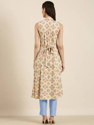 women's calf length shirt collar cream geometric a-line kurta 5