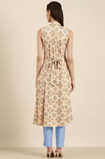 women's calf length shirt collar cream geometric a-line kurta