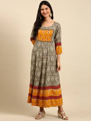 women's ankle length round neck grey ethnic motifs anarkali kurta 4