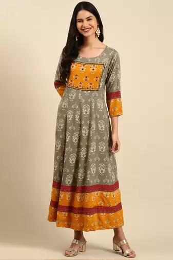 women's ankle length round neck grey ethnic motifs anarkali kurta