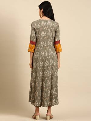 women's ankle length round neck grey ethnic motifs anarkali kurta 5