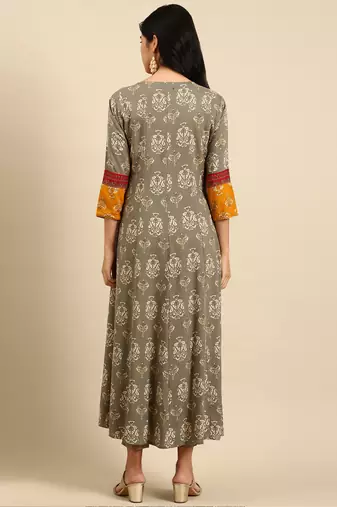 women's ankle length round neck grey ethnic motifs anarkali kurta