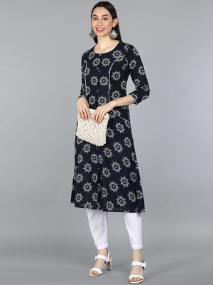 women navy blue cotton ethnic motifs printed a-line kurta 5