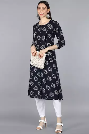 women navy blue cotton ethnic motifs printed a-line kurta