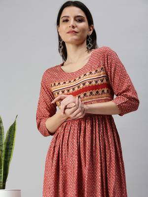 women's ankle length round neck red ethnic motifs anarkali kurta 1