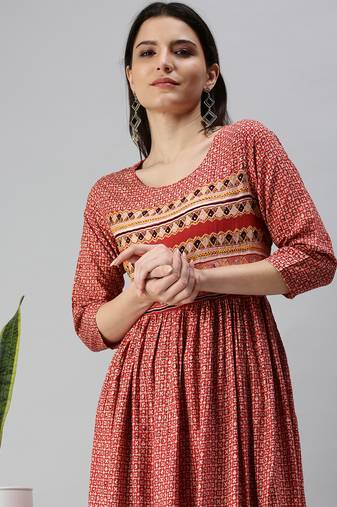 women's ankle length round neck red ethnic motifs anarkali kurta